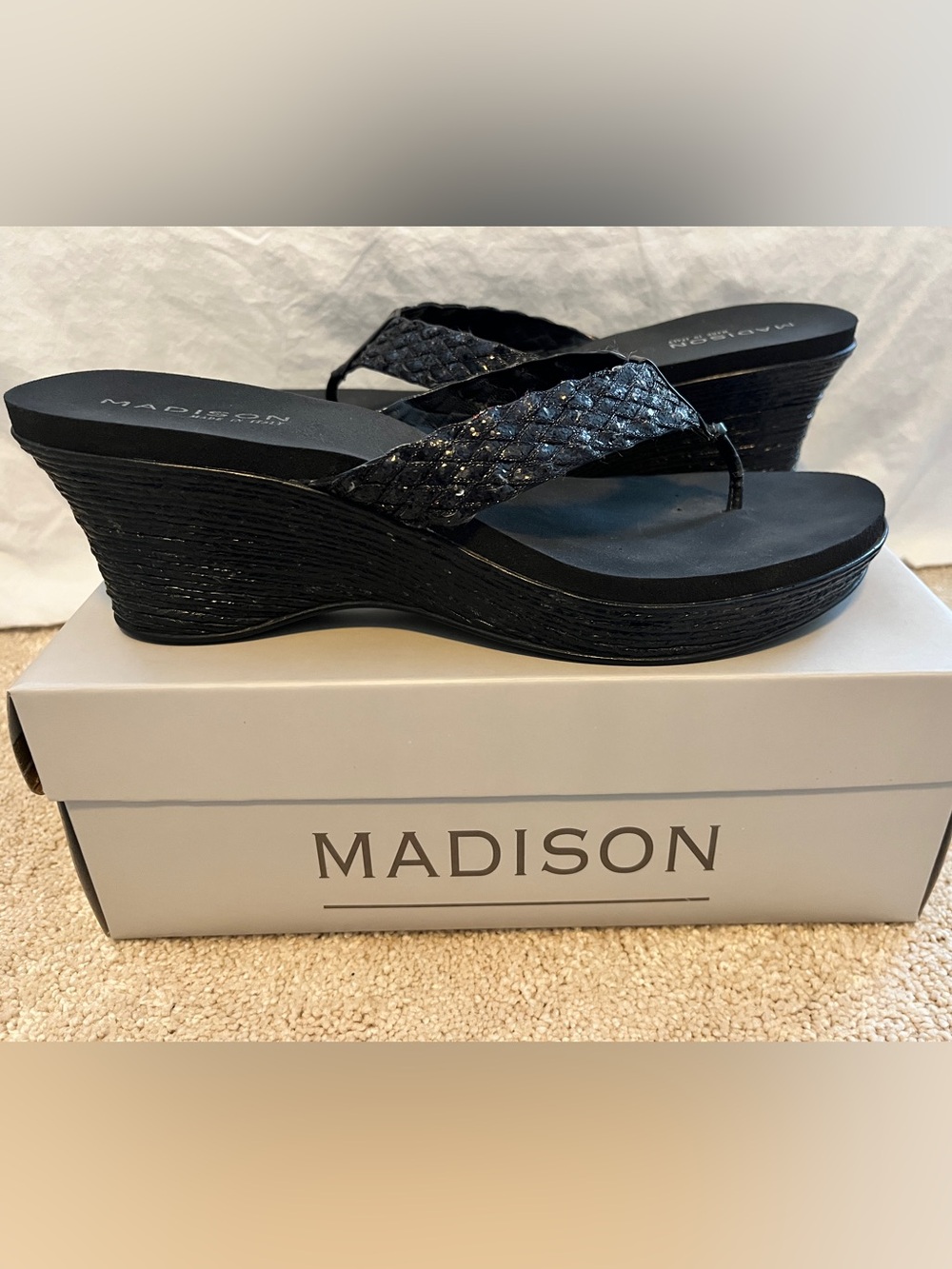 Madison Colby Women's Black Woven Wedge Thong Sandals